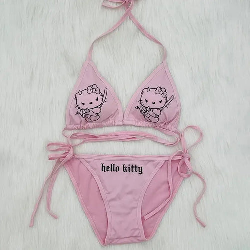 2Pcs Hello Kitty Bikini Set Kawaii Sanrio Swimsuit Women New Summer Bikinis in white and light pink - Browsglamour 