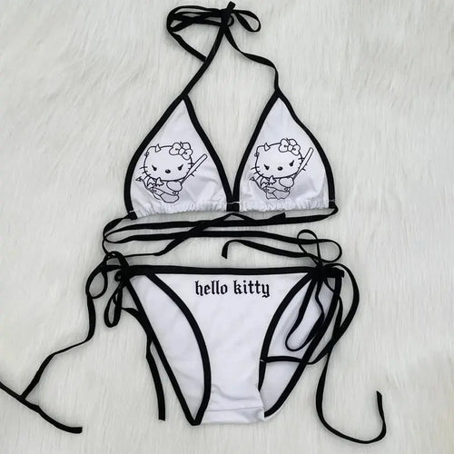 2Pcs Hello Kitty Bikini Set Kawaii Sanrio Swimsuit Women New Summer Bikinis in white and light pink - Browsglamour 