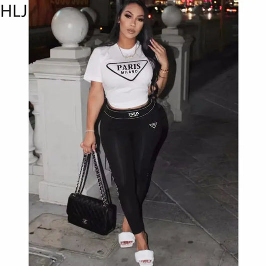 Women's Paris Letter Print Short Sleeve Top And Skinny Pants Two Piece Sets Browsglamour