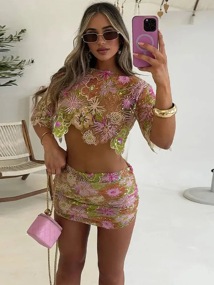 Women’s Transparent Embroidery Sequin Two-Piece Set – Summer Crop Top & Mini Skirt Outfit | Vacation Party Look Browsglamour