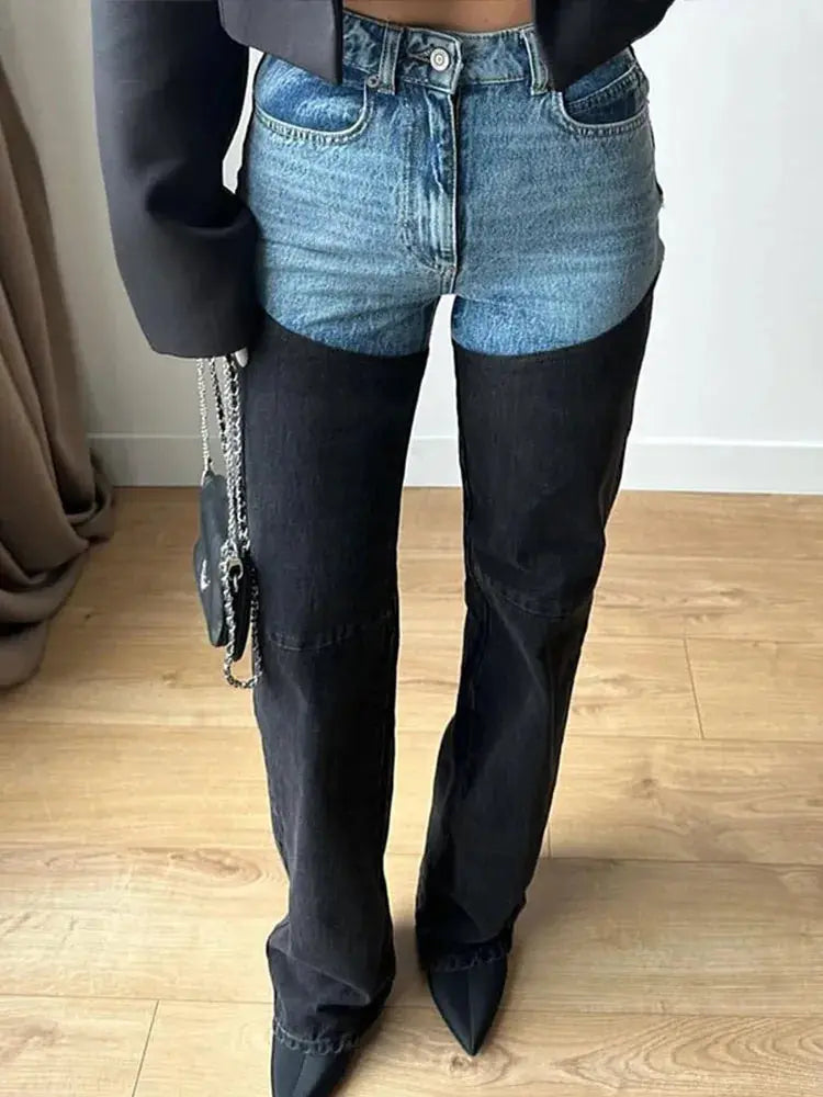 Y2K Patchwork Jeans For Women Straight High Waist Cowgirl Jeans with Zipper Pockets Browsglamour