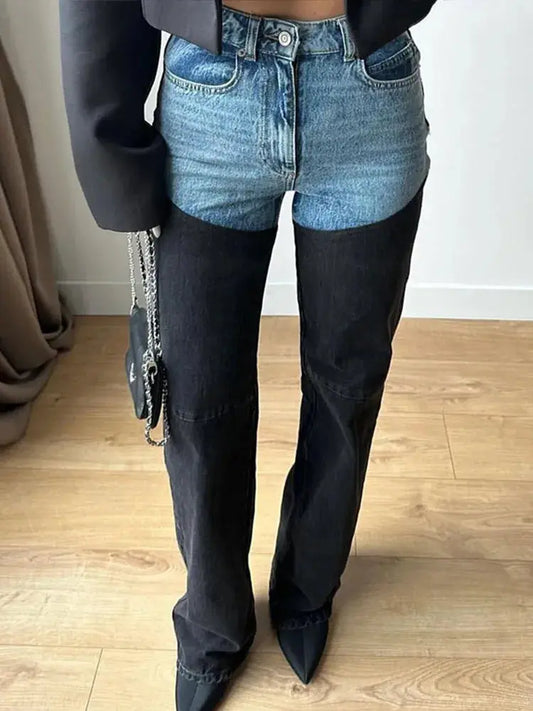 Y2K Patchwork Jeans For Women Straight High Waist Cowgirl Jeans with Zipper Pockets Browsglamour