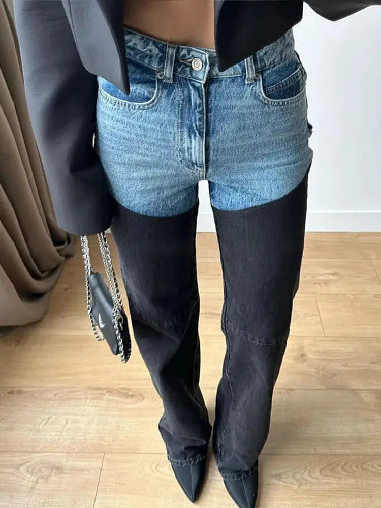 Y2K Patchwork Jeans For Women Straight High Waist Cowgirl Jeans with Zipper Pockets Browsglamour