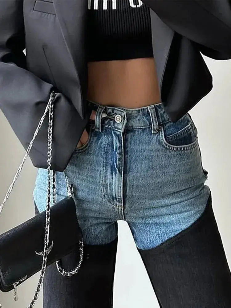 Y2K Patchwork Jeans For Women Straight High Waist Cowgirl Jeans with Zipper Pockets Browsglamour