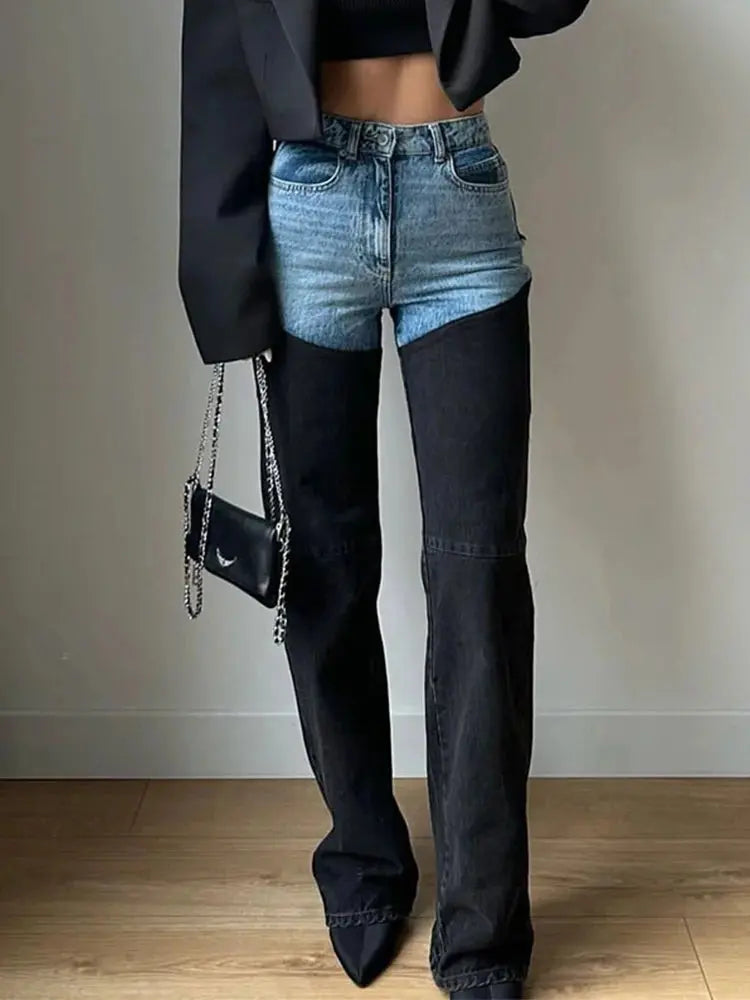 Y2K Patchwork Jeans For Women Straight High Waist Cowgirl Jeans with Zipper Pockets Browsglamour