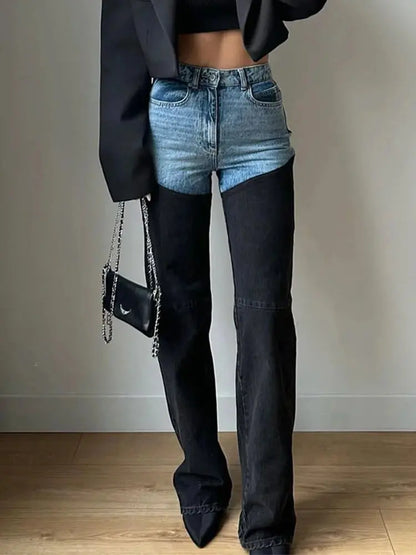 Y2K Patchwork Jeans For Women Straight High Waist Cowgirl Jeans with Zipper Pockets Browsglamour