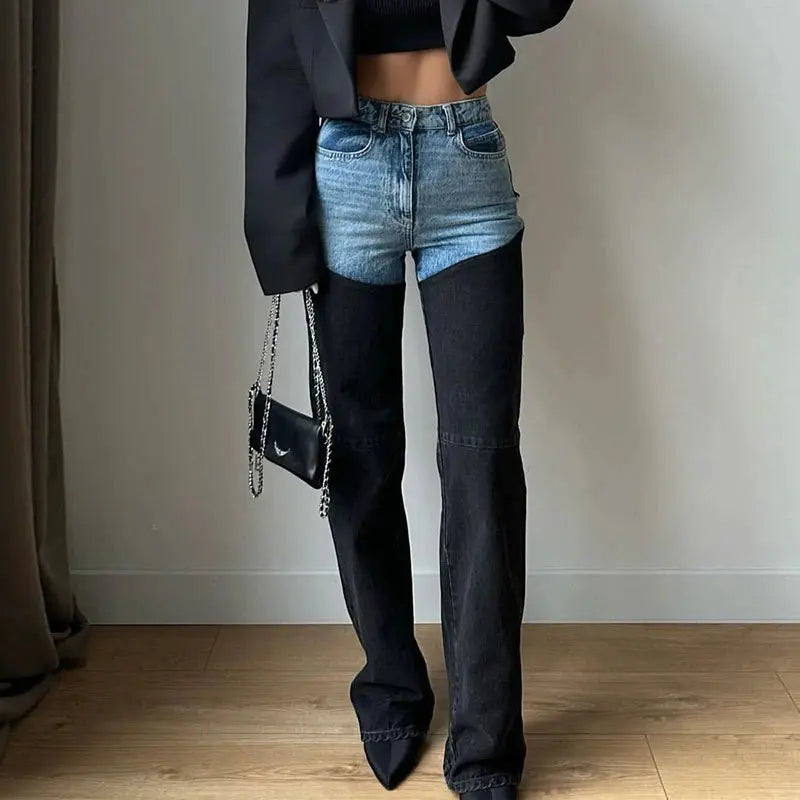 Y2K Patchwork Jeans For Women Straight High Waist Cowgirl Jeans with Zipper Pockets Browsglamour